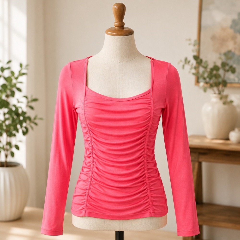 Elodie Ruched Front Long Sleeve Top Womens Large Pink Scoop Neck Jersey Knit